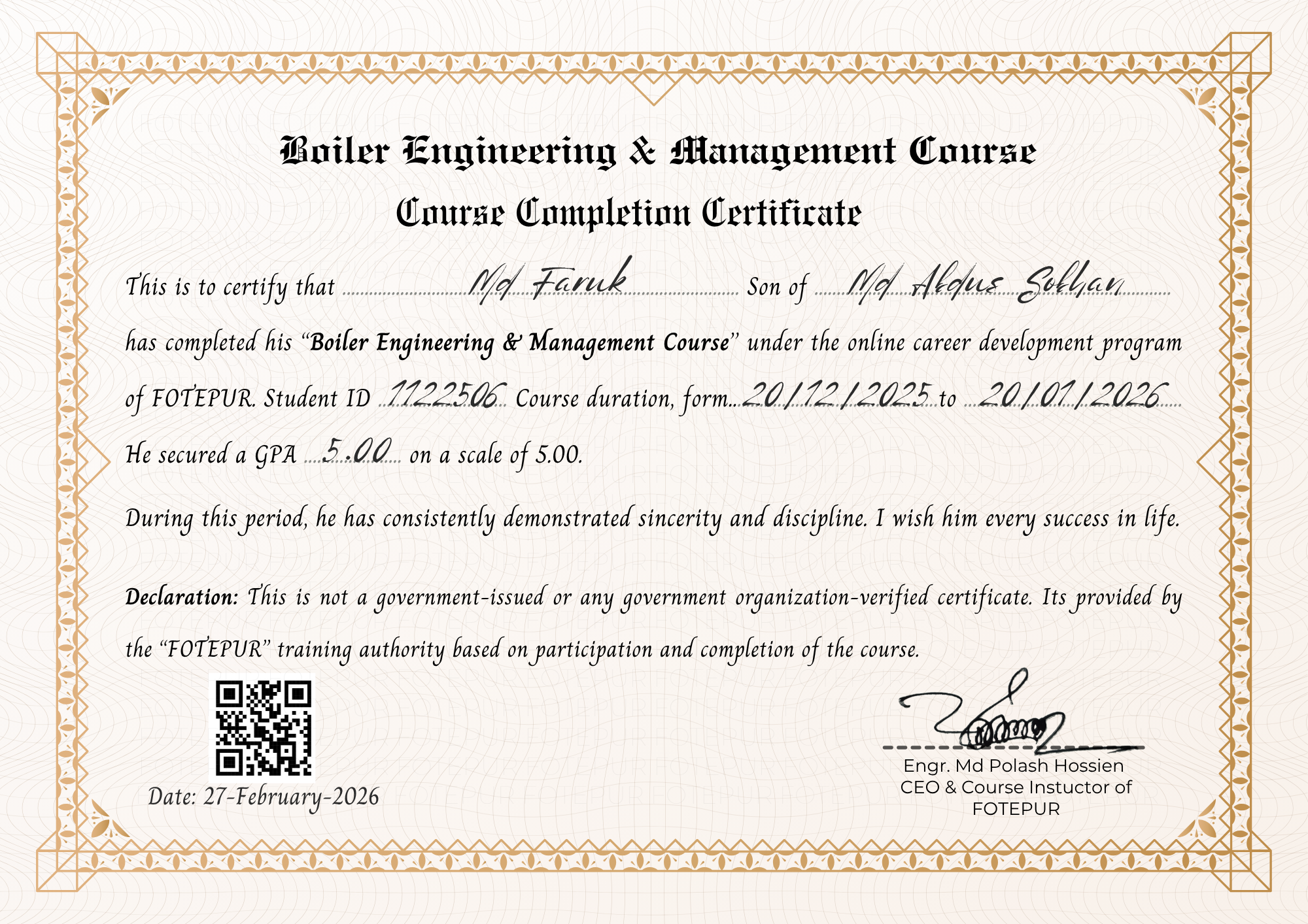 Boiler Engineering & management Course Completion Certificate